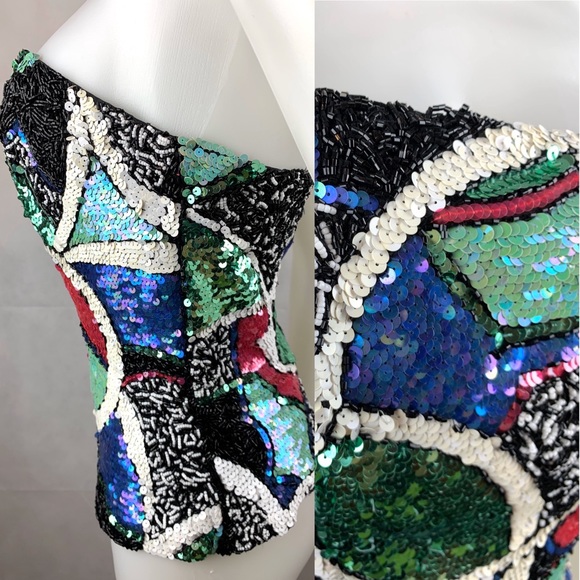 Oleg Cassini Silk Beaded Black Green Pink Bustier - Picture 5 of 7